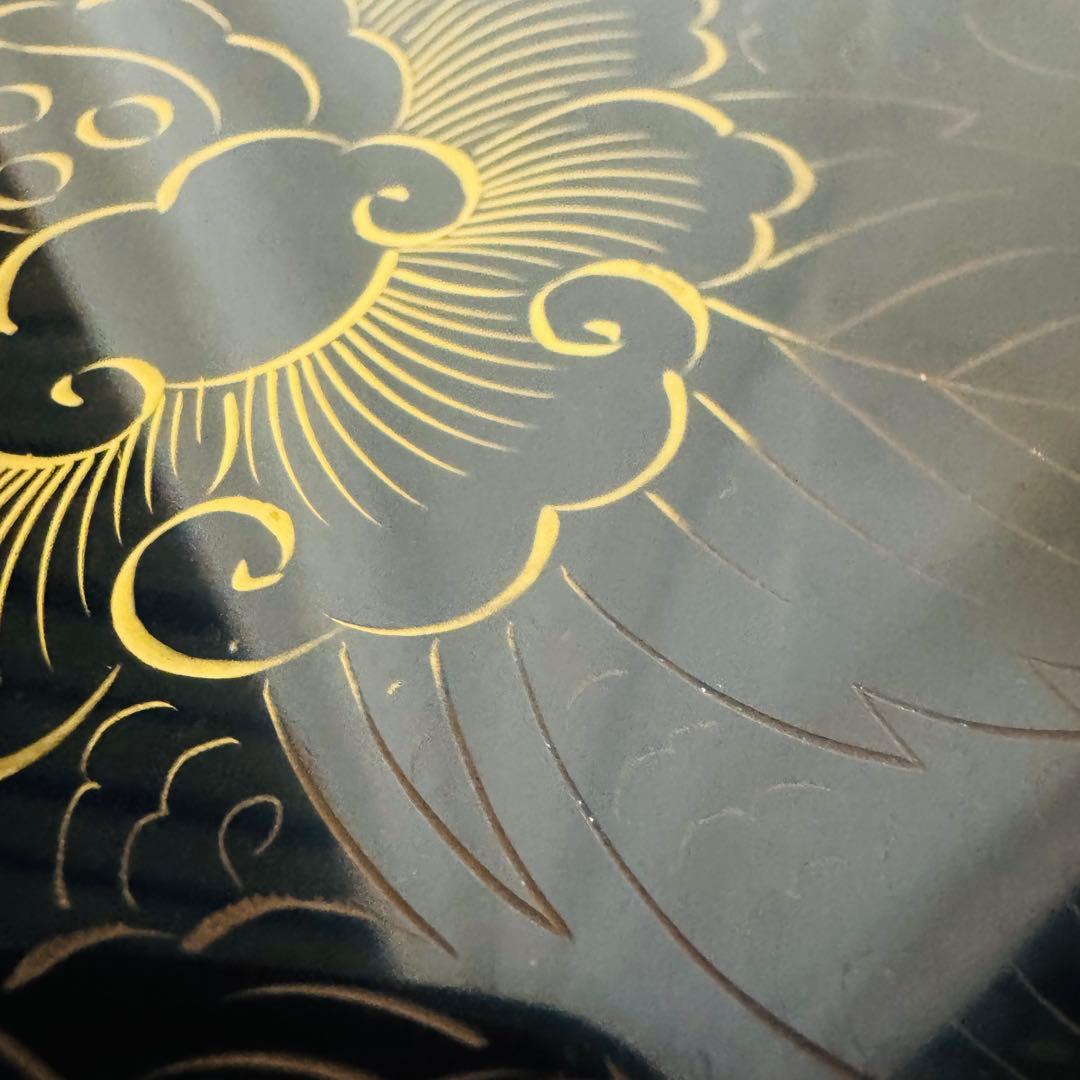 輪島塗 木製 四方盆　沈金花文　2膳　膳足堅地　御膳沈金 お正月　美術品　漆