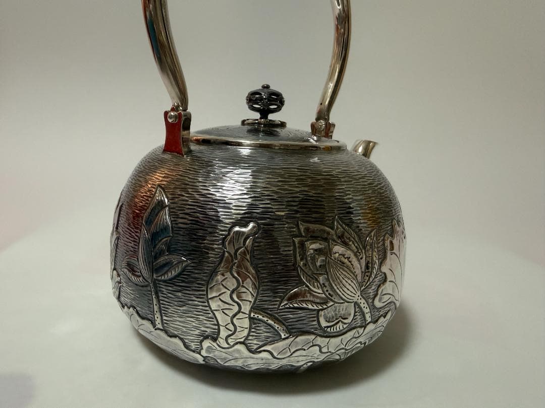極上純銀製 蓮文様 高工芸 湯沸 銀瓶 煎茶道具 重量1389g