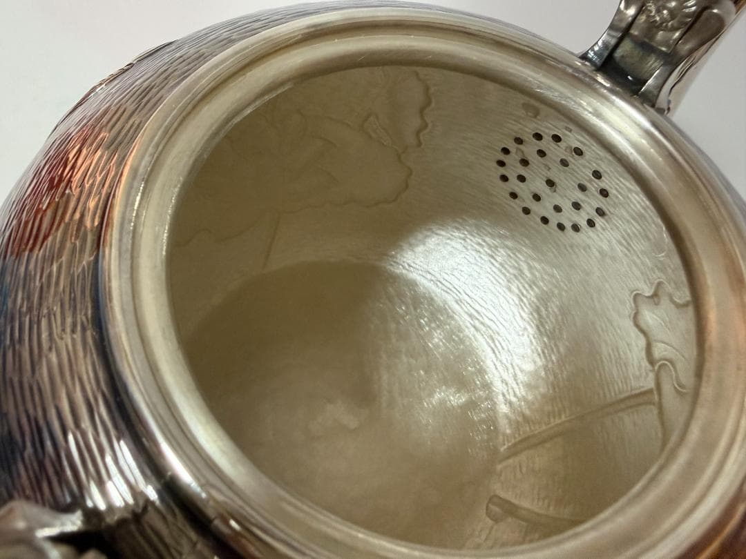 極上純銀製 蓮文様 高工芸 湯沸 銀瓶 煎茶道具 重量1389g
