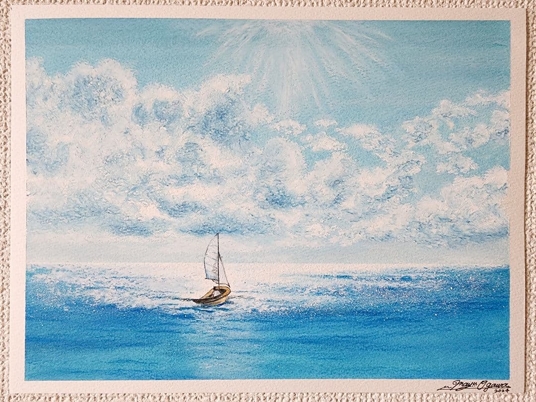 風景画　海の絵　海　夏　船の絵　帆船　アート　絵画　オイルパステル