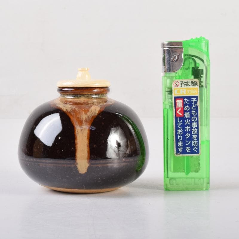 膳所焼　陽炎園造　淡海ぜぜ　茄子　茶入　仕覆付　共箱　M　7080