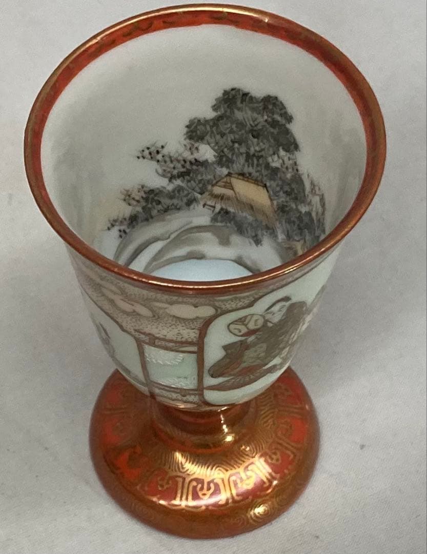 B548s「赤絵金彩馬上盃　2個」 大日本九谷製　内側山水絵　酒器　明治時代