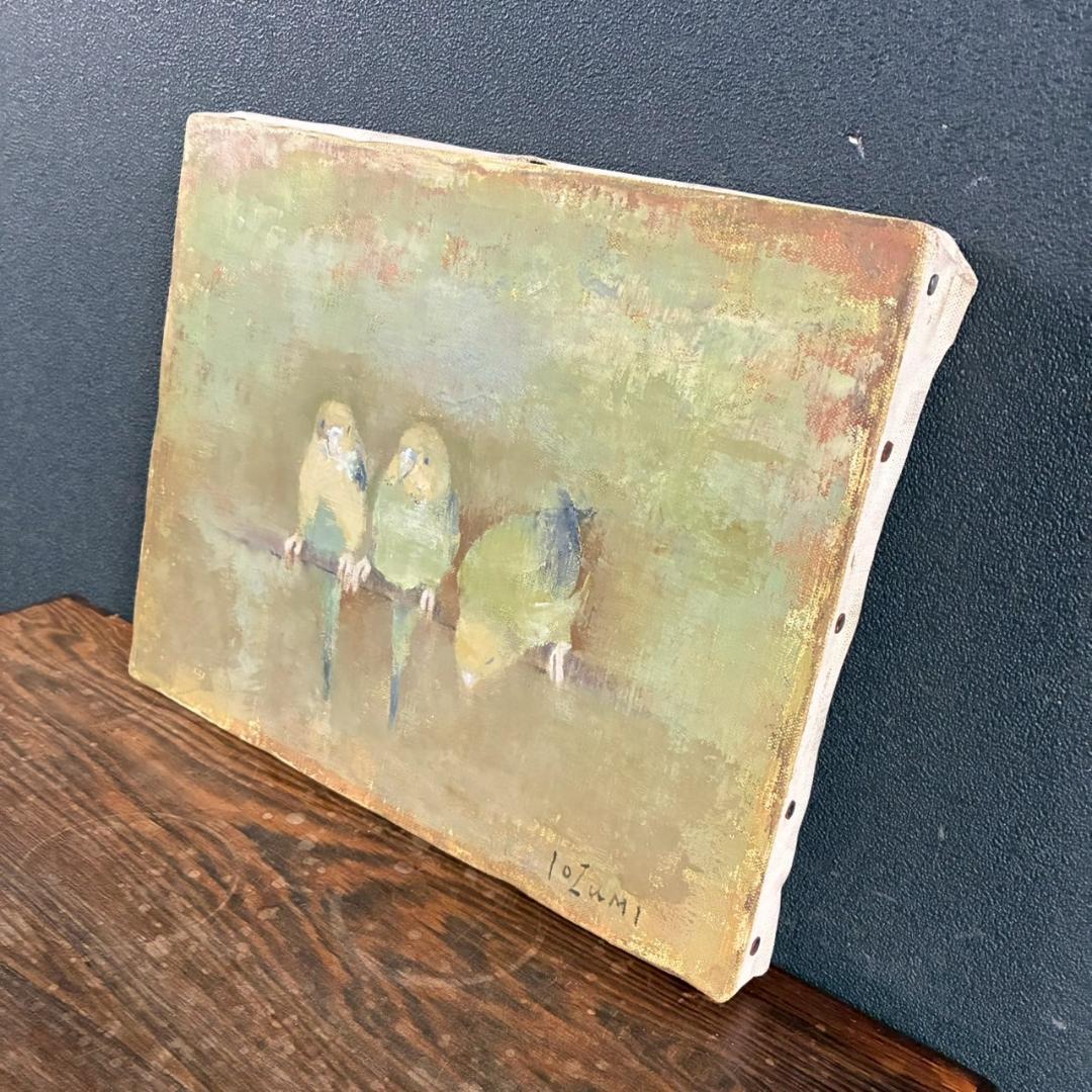 五百住乙人「インコ」キャンバスに油彩画 油絵 F3 直筆サイン入り 額縁入り