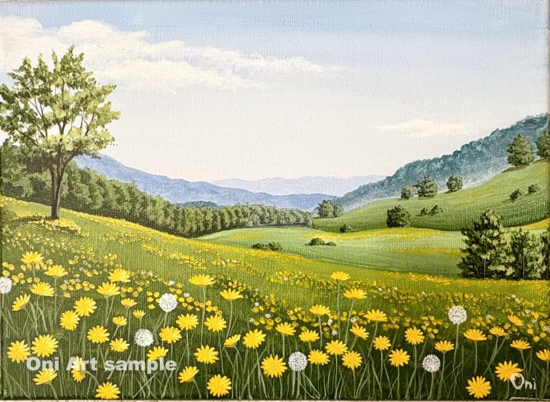 アクリル画　原画　「野花の咲く高原01」額縁付　F4サイズ　キャンバス