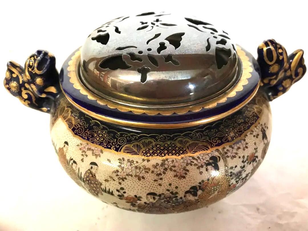 九谷焼銀火屋付童子童女遊戯図香炉