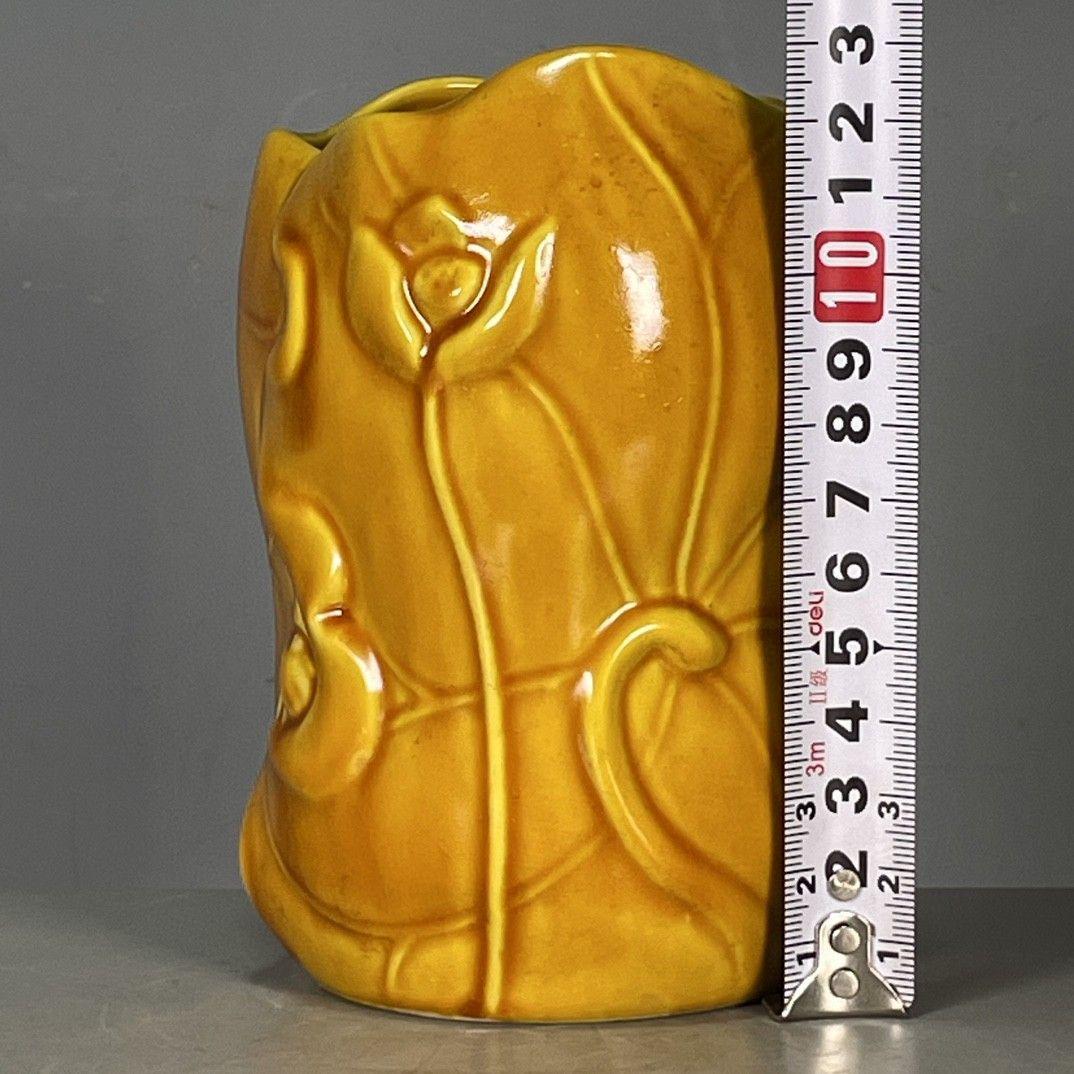 黄釉 蓮葉型 筆箱 筆筒 筆置き 筆入 文房具 美術品 工芸品 置物