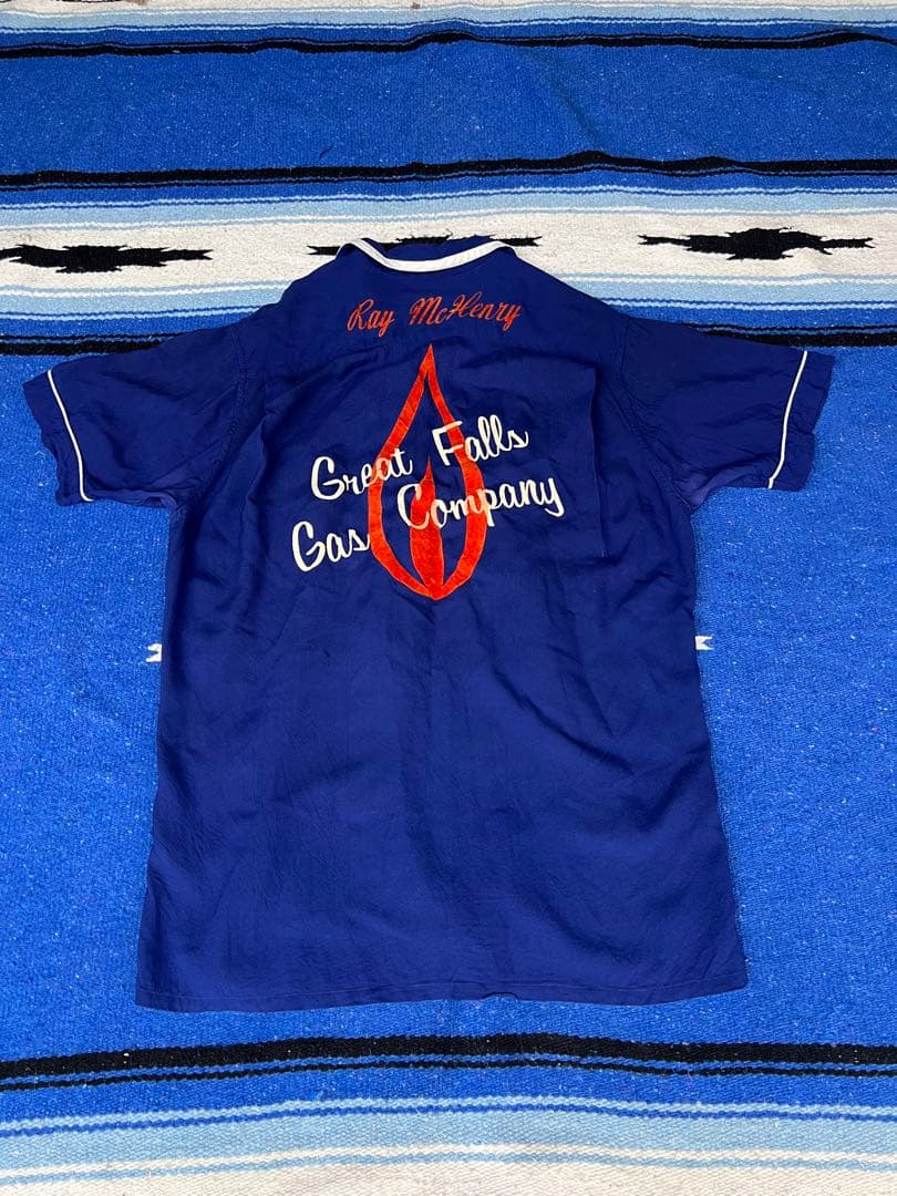 60s ボーリングシャツ　フロッキープリント　チェーンステッチ