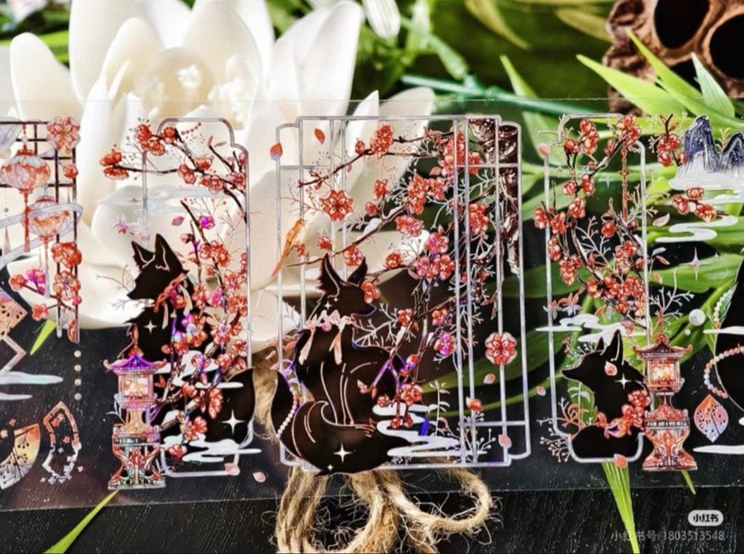 贝壳光 与狐说·冬梅 7.5cm×5m 半端巻き 和柄 キツネ