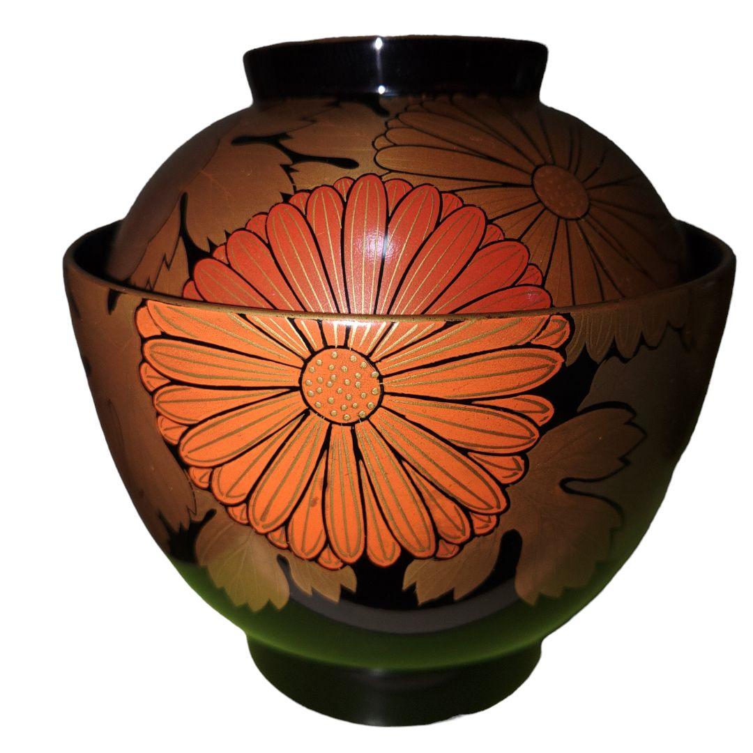 輪島塗　金薪絵菊花文蓋付椀　木胎漆器