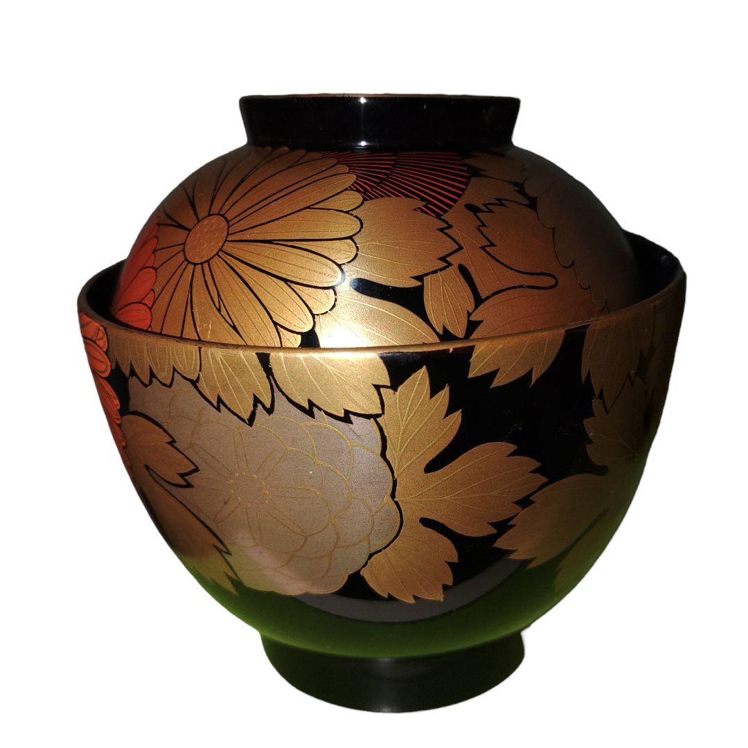 輪島塗　金薪絵菊花文蓋付椀　木胎漆器