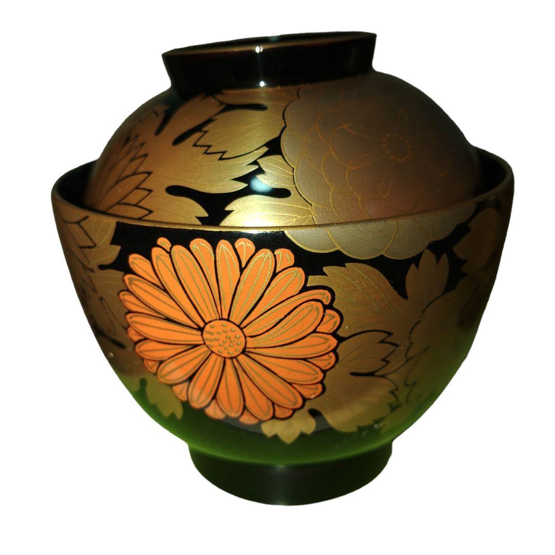 輪島塗　金薪絵菊花文蓋付椀　木胎漆器