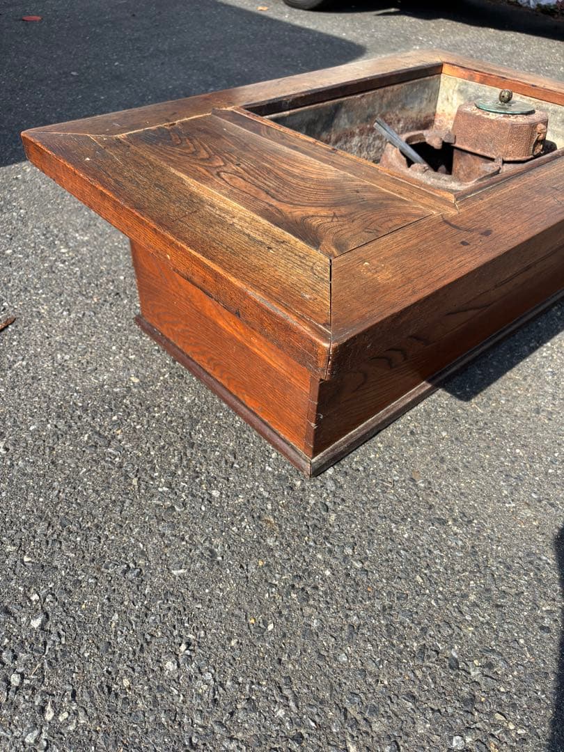 長火鉢　龍文堂酒燗器付　銅蓋　火箸付　囲炉裏座卓 引出し付き　灰付　当時物