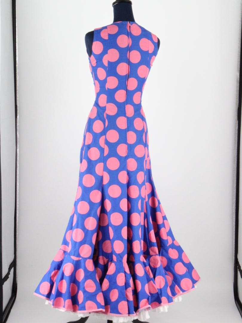 【極美品 フラメンコ衣装】艶やかブルー×ピンク水玉 ドレス 胸パット付き