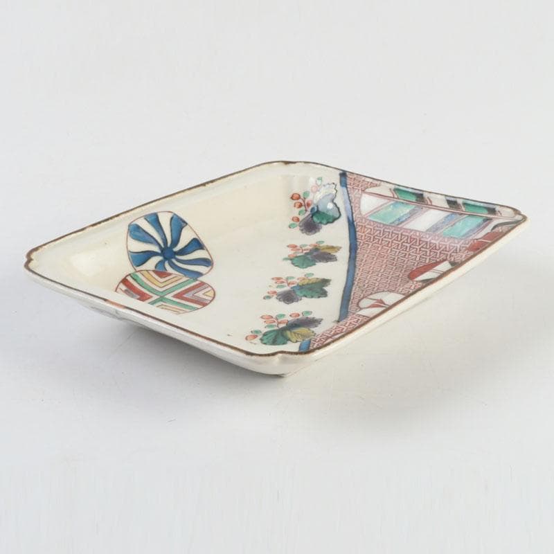 九谷焼　古九谷　角福銘　色絵花草文　四方皿　時代箱　C　9248