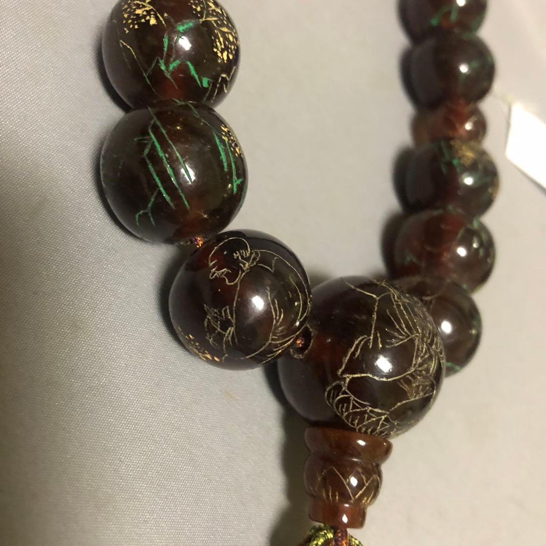琥珀　彫り絵　念珠