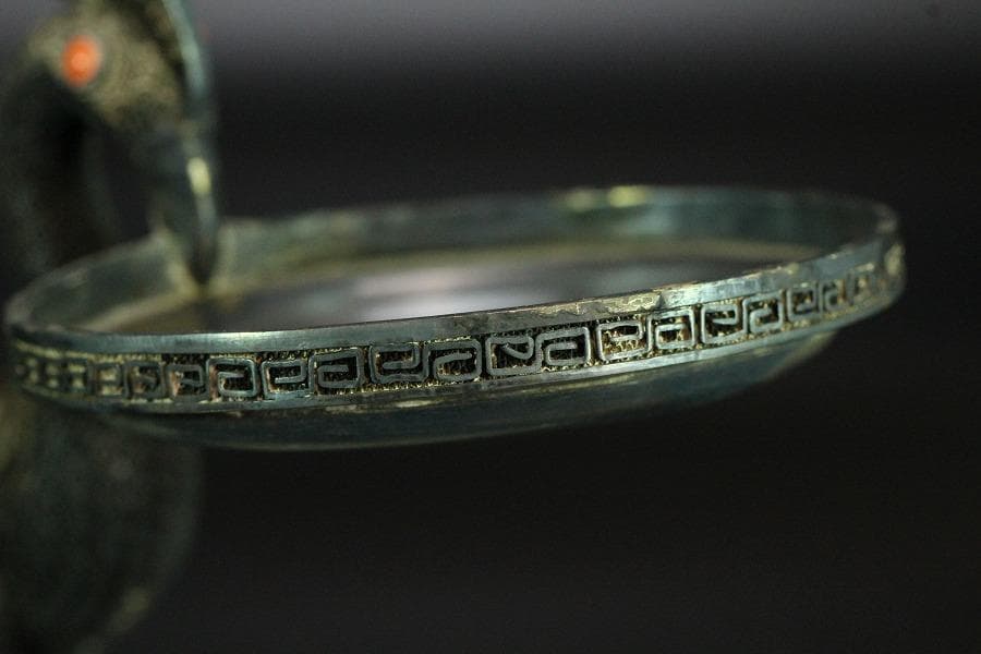 銀七宝 鳳 和田玉 白玉刻花鳥 宝石 珊瑚 象嵌 花鳥 饕餮(K-A156)