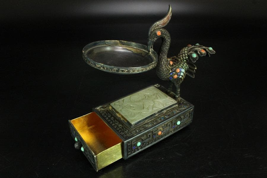 銀七宝 鳳 和田玉 白玉刻花鳥 宝石 珊瑚 象嵌 花鳥 饕餮(K-A156)