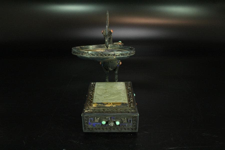 銀七宝 鳳 和田玉 白玉刻花鳥 宝石 珊瑚 象嵌 花鳥 饕餮(K-A156)