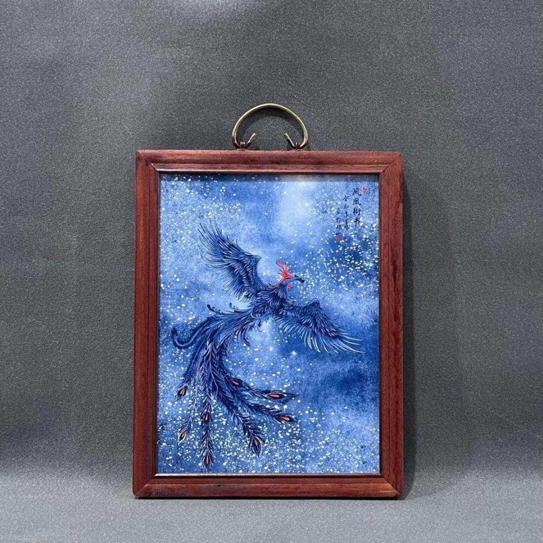 景徳鎮 青花王歩龍鳳呈祥 夜光陶板画応接間 書斎 茶室 装飾品 工芸品 置物