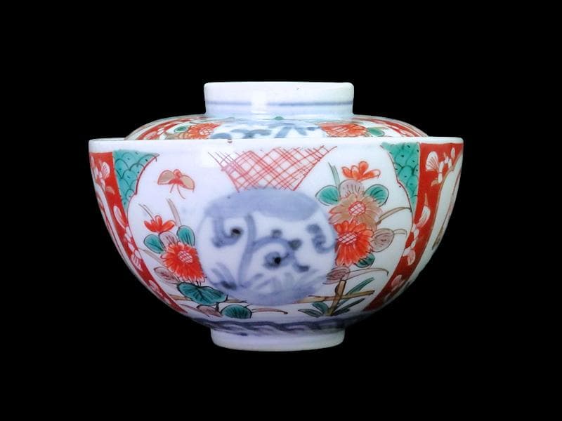 古伊万里　色絵　桐に鳳凰　丸紋に菊の図　蓋茶碗　４客　D200AS-fbut