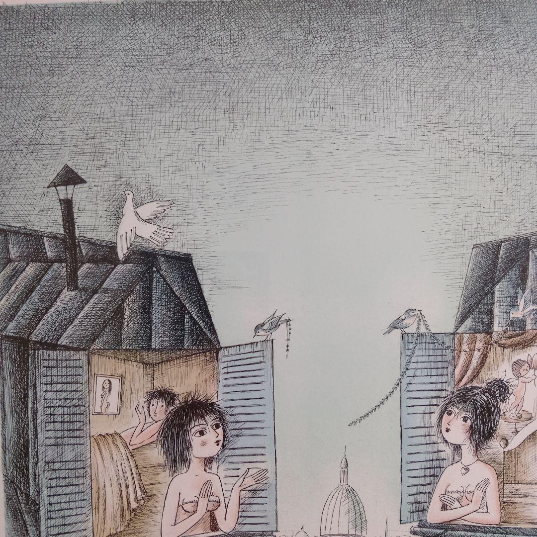 \"新品\"レイモンペイネ R. Peynetリトグラフ『窓辺のおしゃべり』サイン入