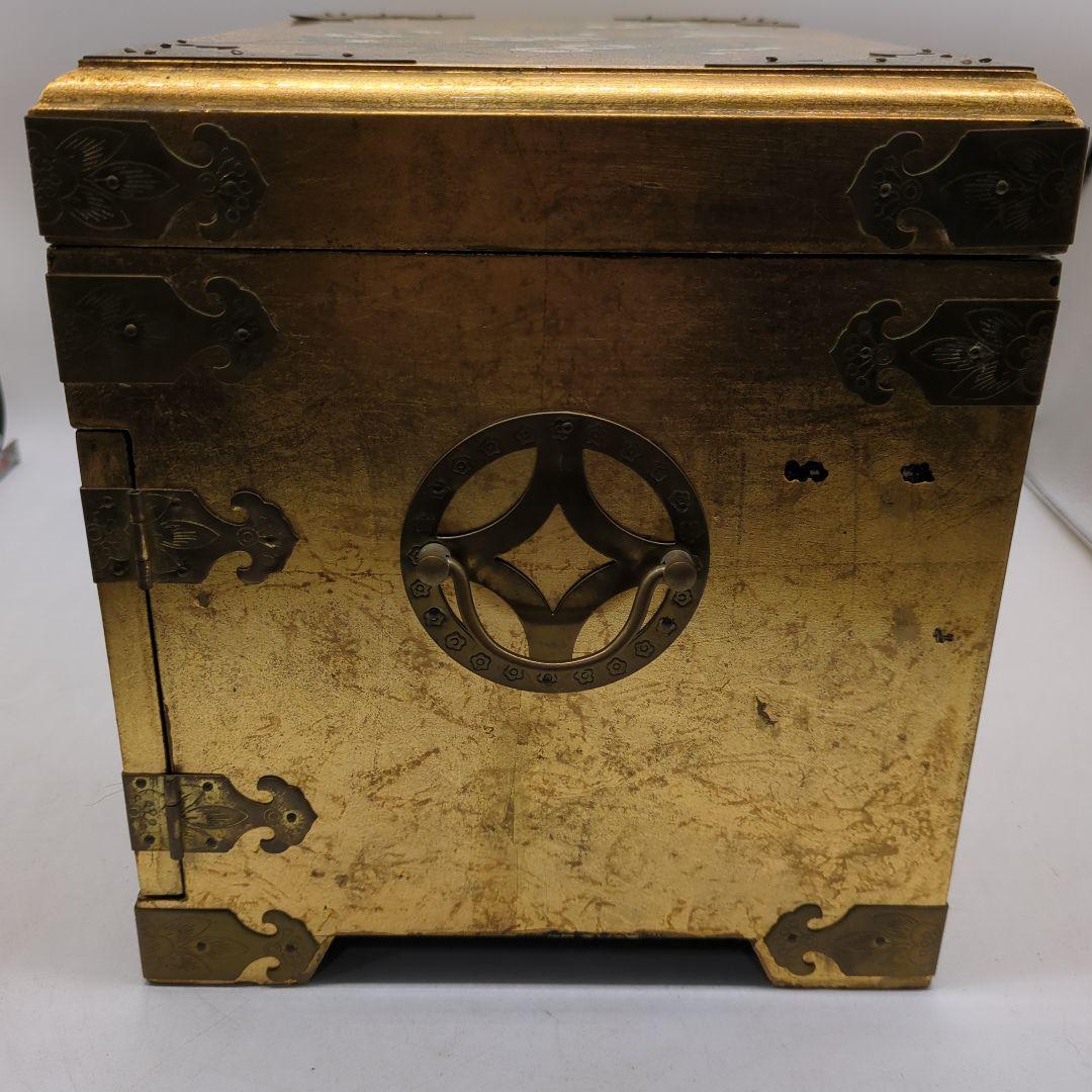 李朝 宝石箱 金箔装飾 花鳥模様 漆塗り　骨董品　時代物　旧家　初出　蔵出