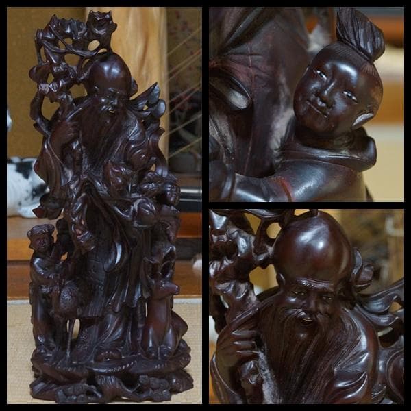 中国美術/ 唐木彫細工彫り『唐子寿老人立像 桃仙人』 置物 高41.5m