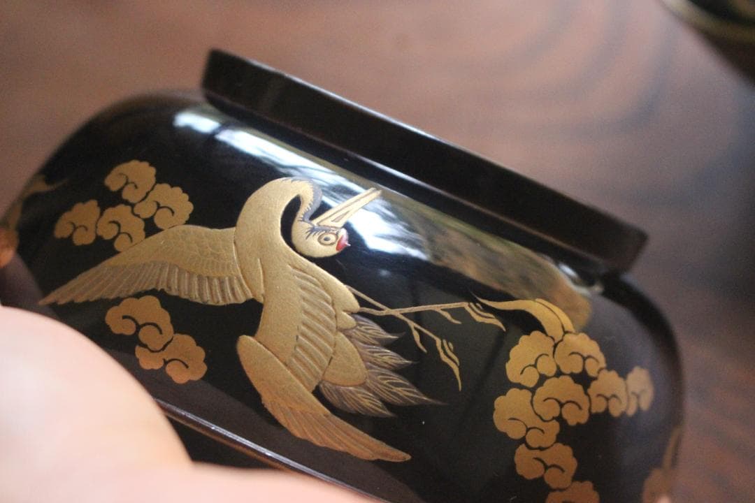 高台縁傷のみ！時代金縁黒漆に極上雲鶴蒔絵の映える煮物椀2点（検京塗輪島塗雑煮椀
