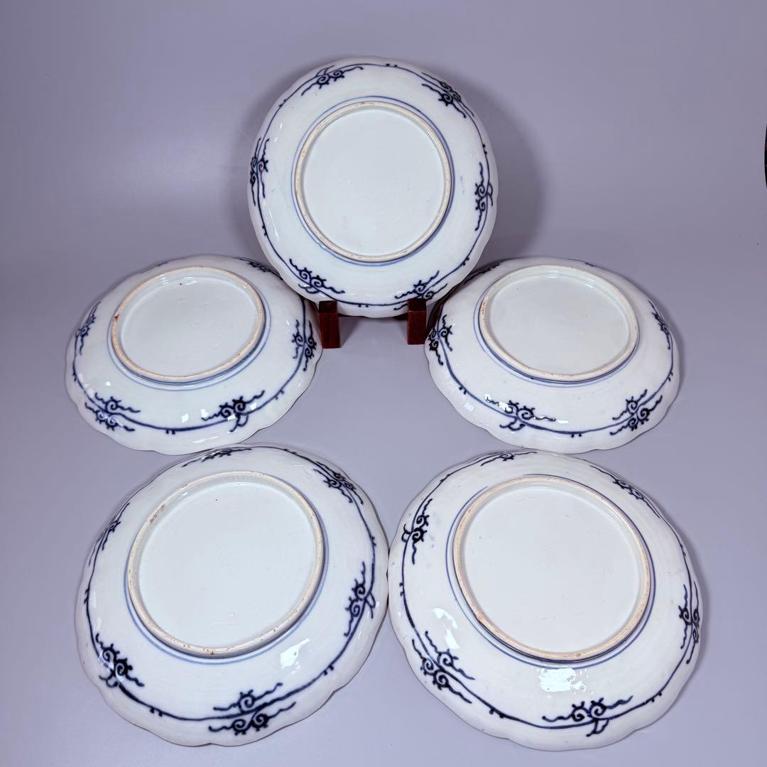 豪商家特注品　古伊万里　染錦風景画輪花型七寸皿　五客　直径21.5㎝