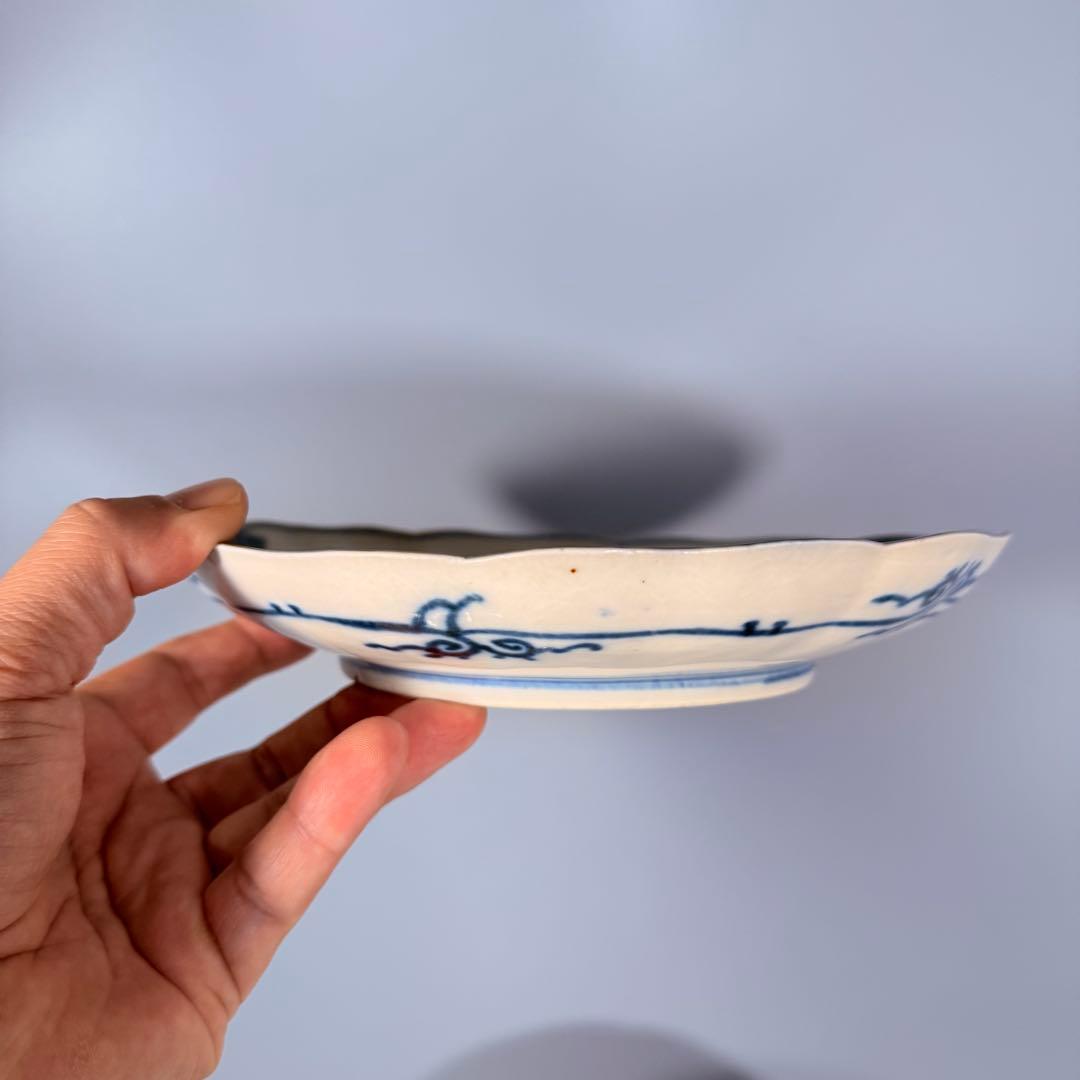 豪商家特注品　古伊万里　染錦風景画輪花型七寸皿　五客　直径21.5㎝