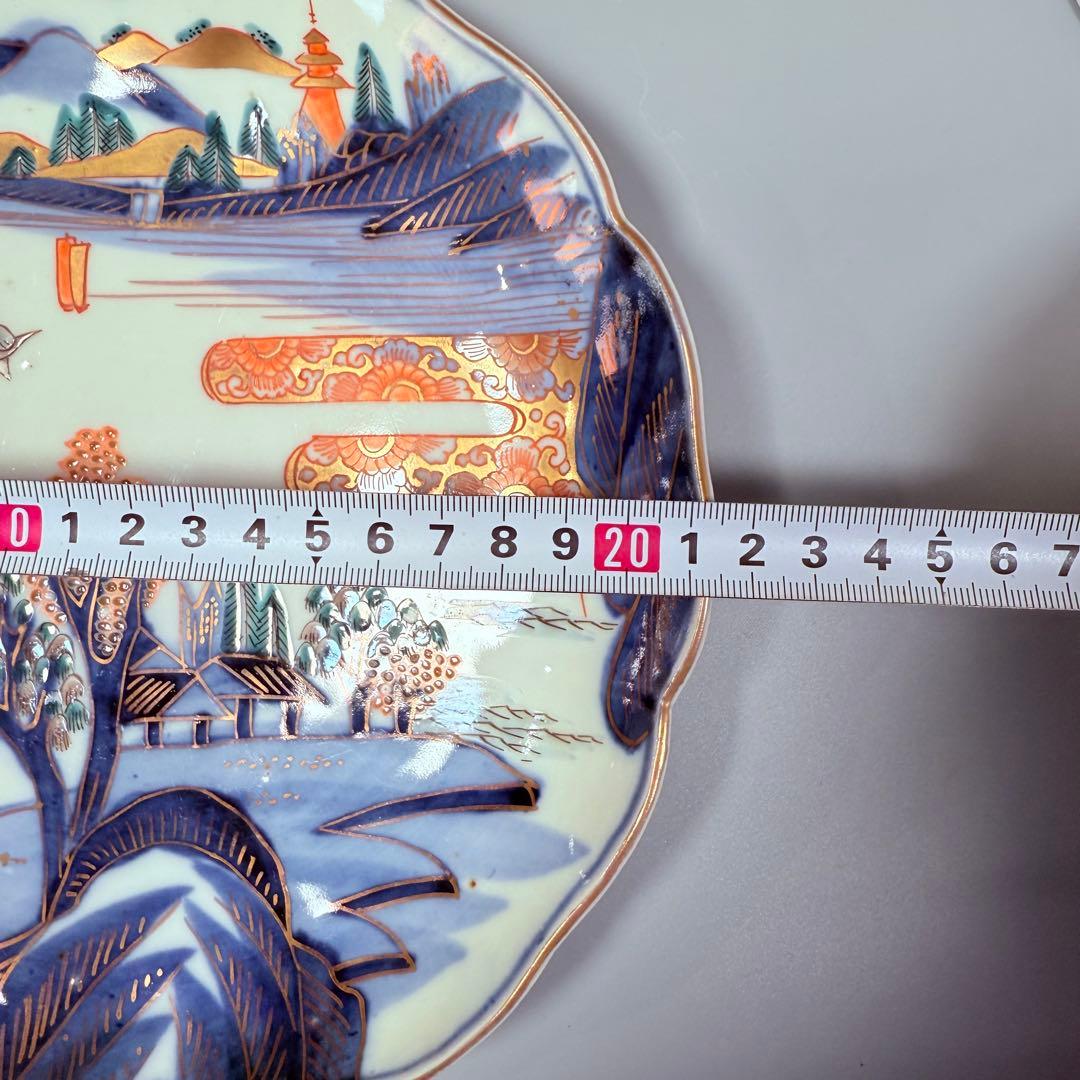 豪商家特注品　古伊万里　染錦風景画輪花型七寸皿　五客　直径21.5㎝