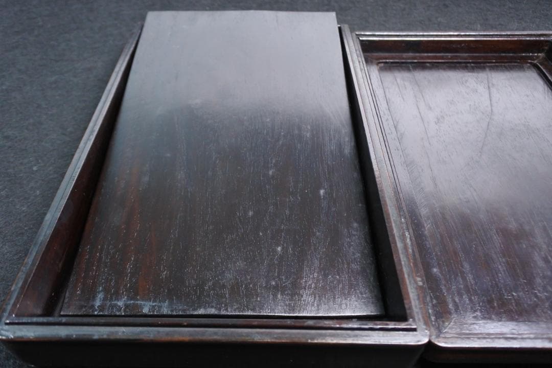 古い硯箱 文箱 紫檀 漢詩 漢文 木彫 骨董 書道