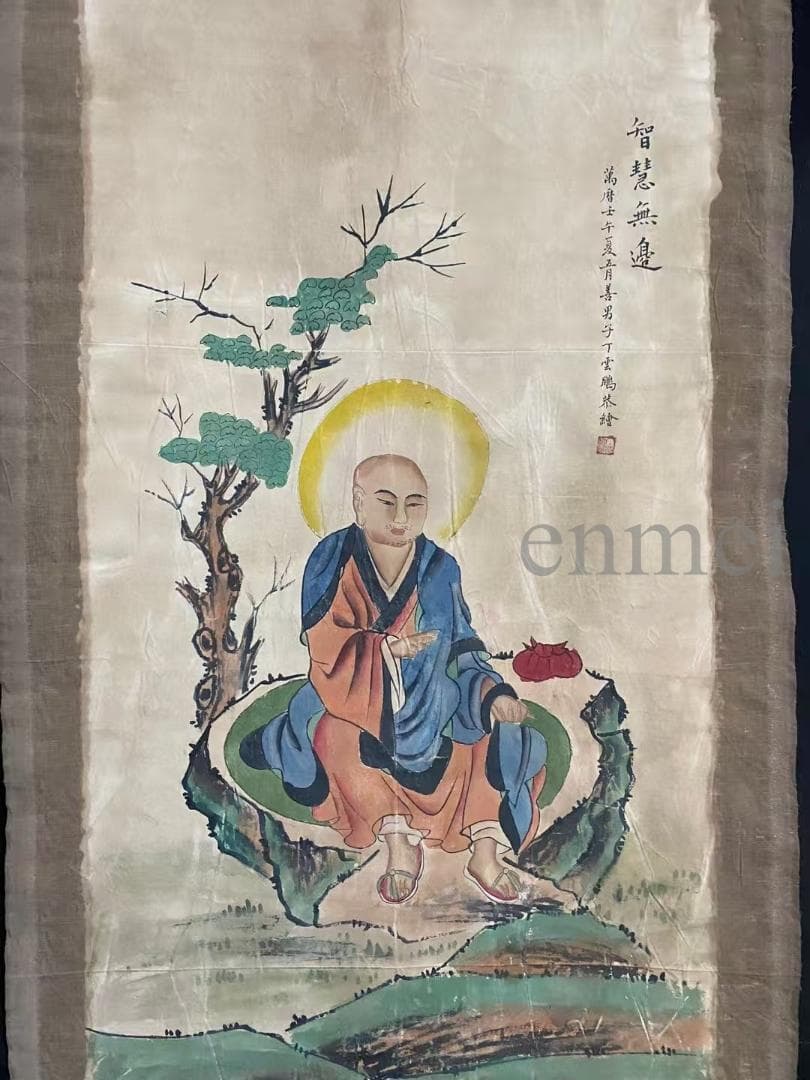 中国古美術・旧藏・明代風・丁雲鵬款・仏像図・絹本・中堂掛軸・純手描き・書画・骨董