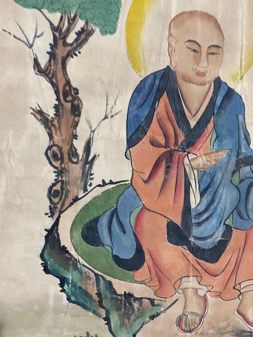 中国古美術・旧藏・明代風・丁雲鵬款・仏像図・絹本・中堂掛軸・純手描き・書画・骨董