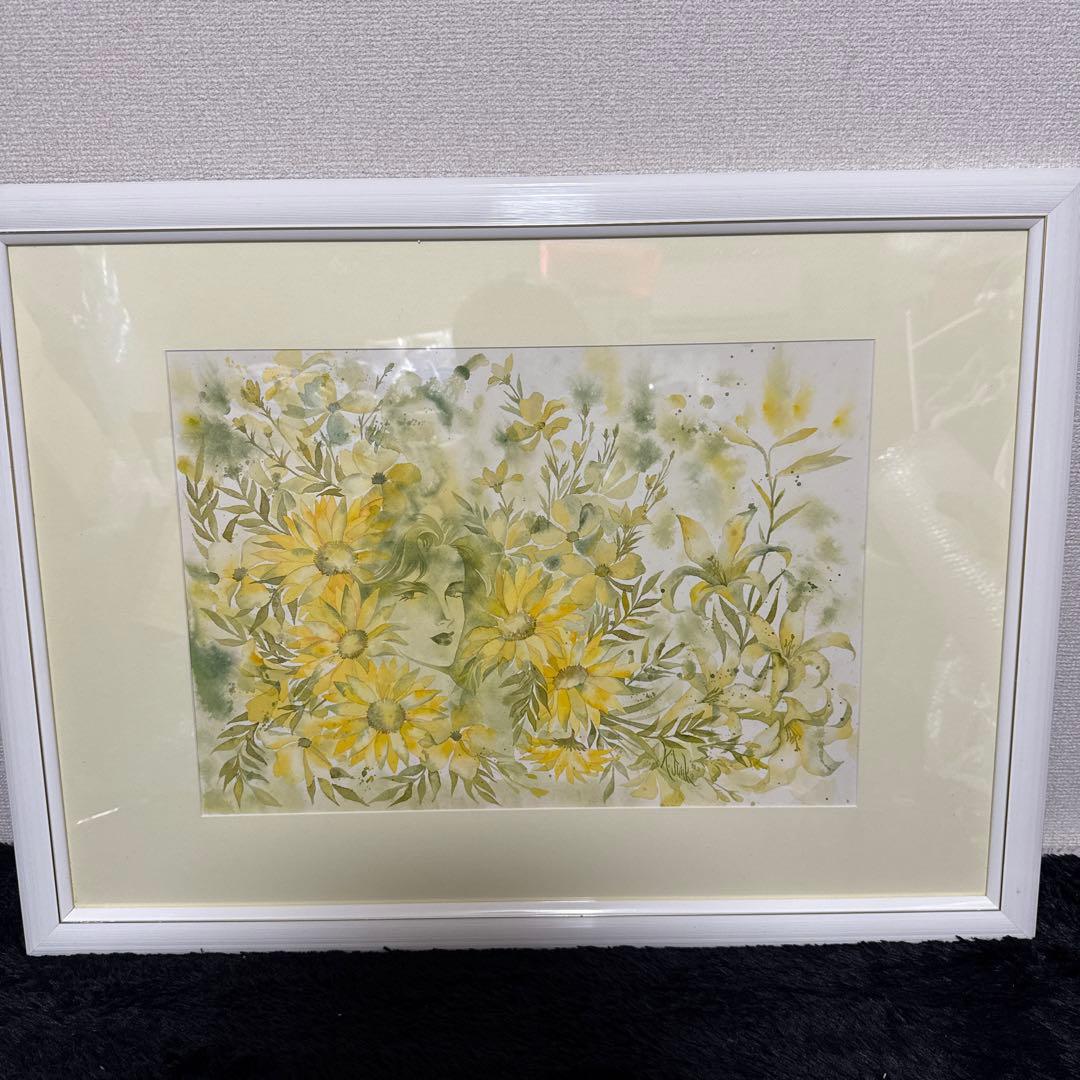 くげ じゅんこ 水彩画 サイン 額縁 付き 58×80 cm