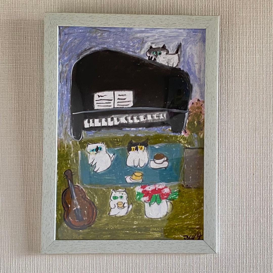 絵画。壁掛け原画【可愛い猫たちのロマンチックなピアノ演奏会】