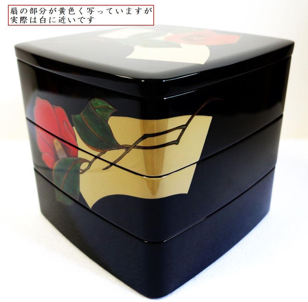 未使用 輪島塗 椿に扇 三段重箱