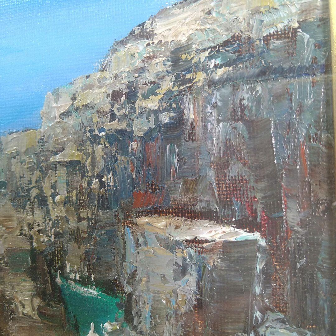 油絵島本良平F6【東尋坊】自筆サイン入り額装額縁