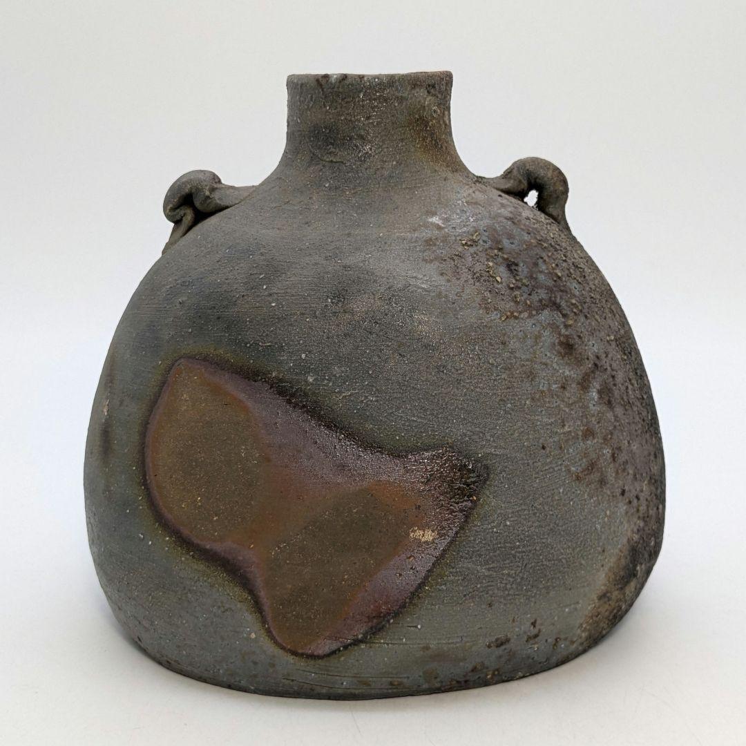 人間国宝 伊勢崎淳 備前焼 窯変扁壺 用心箱 扁壷 花器 耳付花入 花瓶 置物