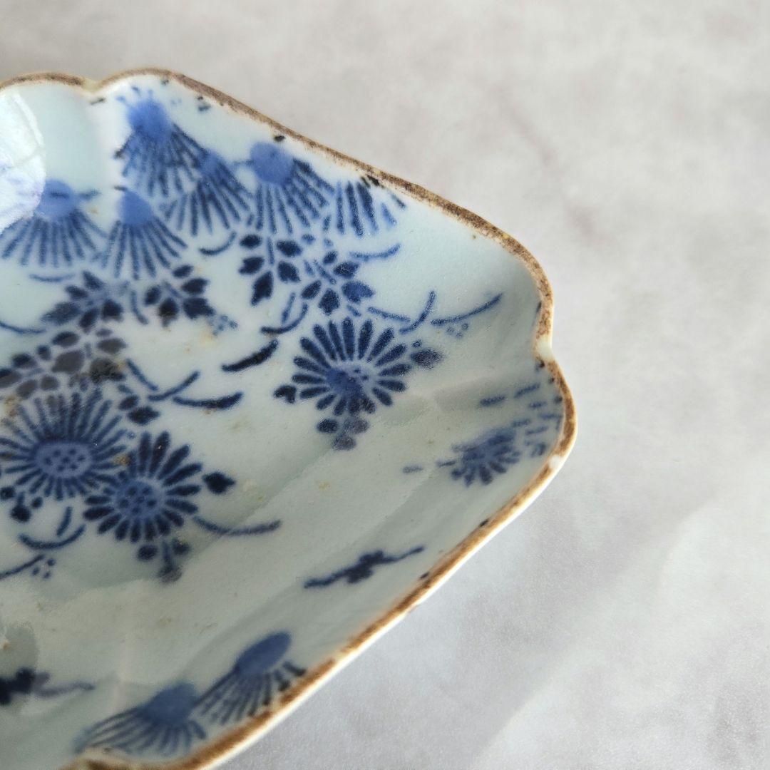 古伊万里　型紙摺印判　こんにゃく印判　染付　豆皿　金継ぎ練習用　骨董　金継ぎ