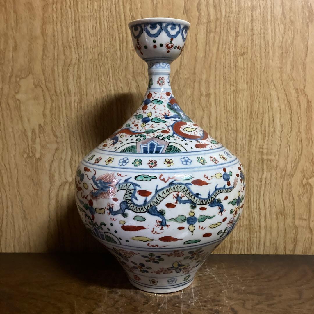 中国　色絵　瓶　龍鳳花蝶図　大明萬暦年製銘