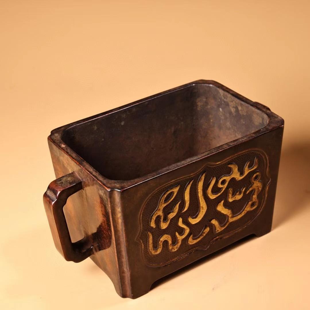 中国古美術・旧藏銅鎏金回文香炉・高浮彫・錾刻・純紫銅・純手作り・箱付き・文房置物