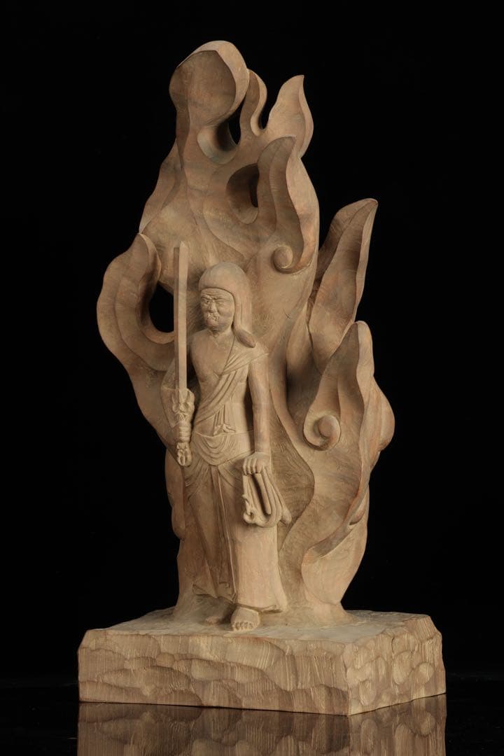 紺綬褒章受章 彫刻家【横山一夢】木彫 不動明王像「明王」49㎝ 置物 共箱 栞付