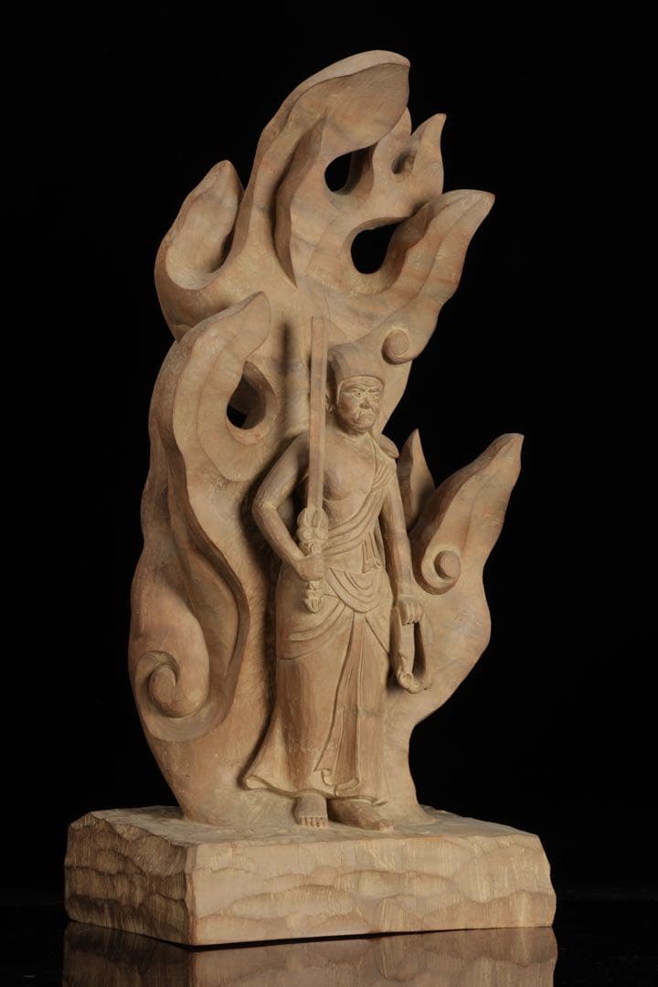 紺綬褒章受章 彫刻家【横山一夢】木彫 不動明王像「明王」49㎝ 置物 共箱 栞付