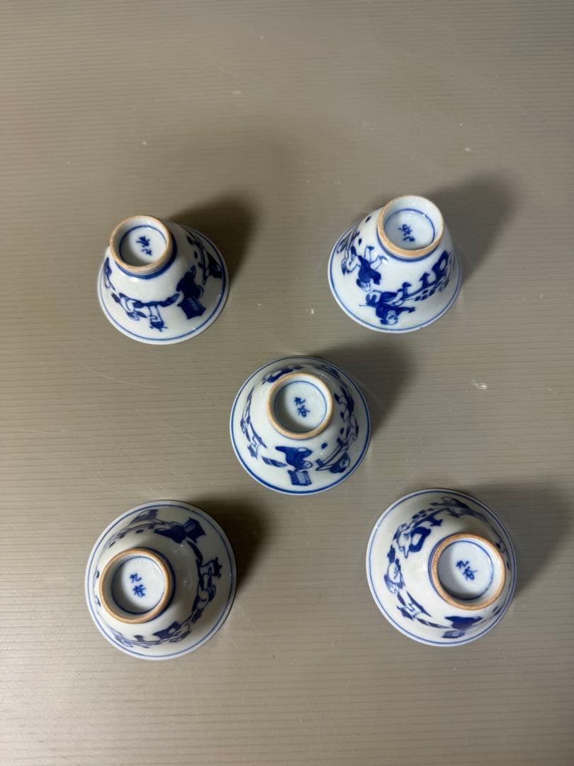 2388  九谷焼　染付　青花　猪口　5客　時代物