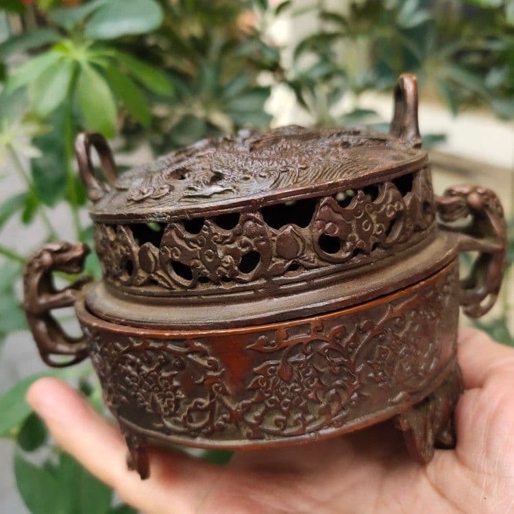 銅器 重工 彫刻 竜鳳薫香炉 美品 茶道具 香道具 工芸品美術品 置物