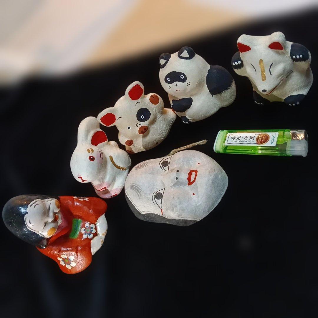 167.郷土玩具 陶器製人形とお張子、兎、豚、狸、狐、極小品