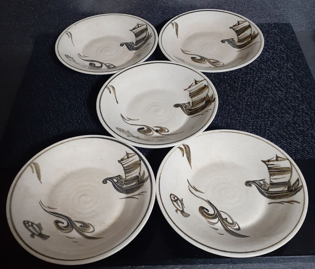【真作保証❗️】【三代三浦竹泉】造　画　高麗　帆掛け舟に魚の図　皿　菓子皿　5客