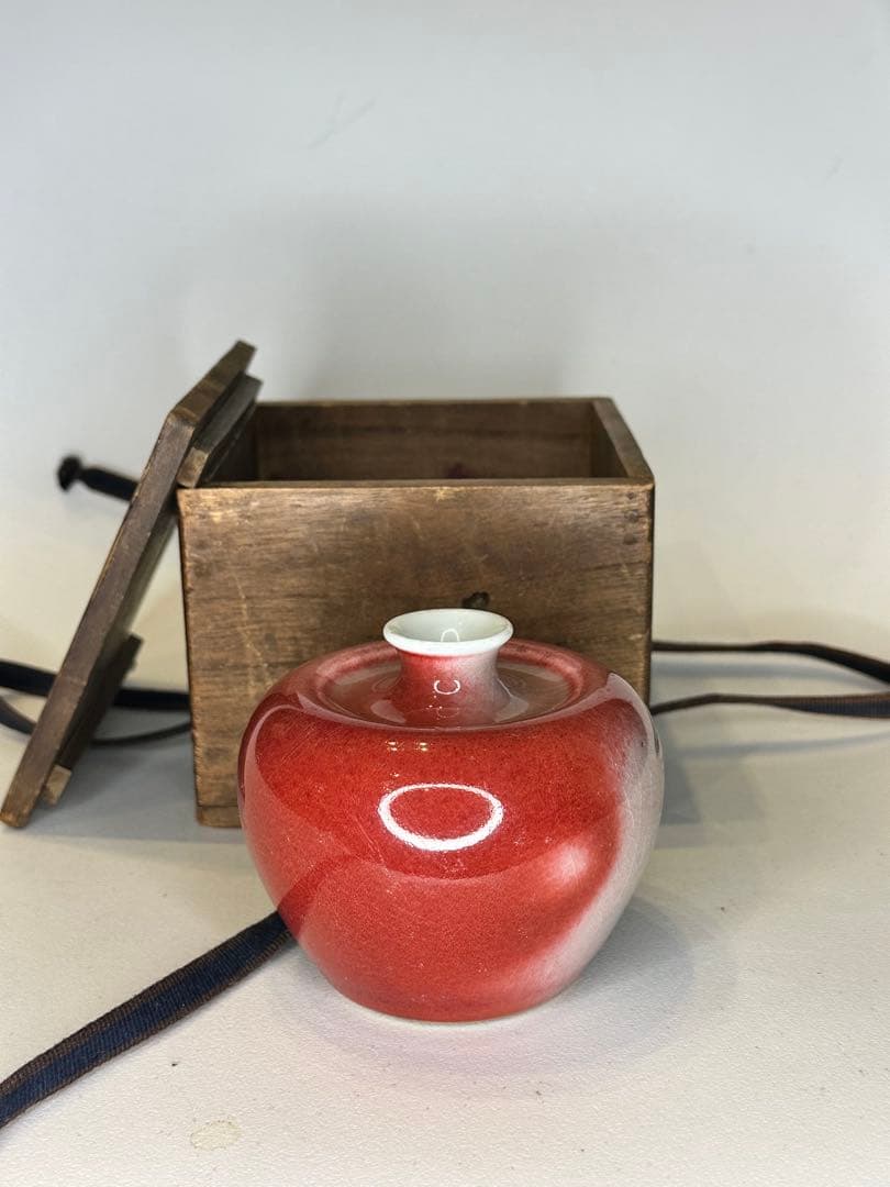 希少 清時代 大清康熙年製款 蘋果尊 朱釉 賞瓶 陶磁器 古美術 共箱 時代物