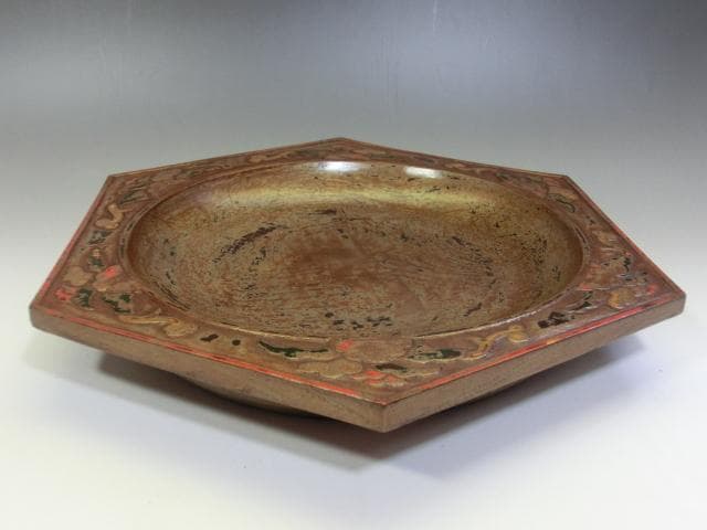 菓子器■鳥城塗「幸川庵造」菓子鉢 六角形平皿 木製漆器 骨董品 古美術 箱付き■